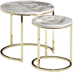 KADIMA DESIGN Moderne Marmor-Beistelltische, 2er Set, Goldene Gestelle, 50/35 cm