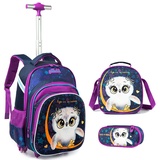 Rucksack Trolley Mädchen Schultaschen Trolley, Grundschule Trolley Rucksack mit Lunch Tasche Federmäppchen 4 in 1 Eule Schultaschen-Sets Ideal für Kinder Schüler der Klassen 1-6 - Einheitsgröße