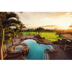 Fototapete PAPERMOON "LUXUS-HAUS-POOL PALMEN WIESE STRAND MEER SONNE INSEL", bunt, B:3,00m L:2,23m, Vlies, Tapeten