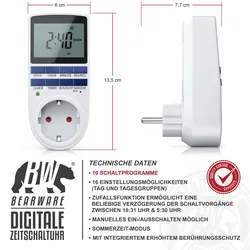 BEARWARE Zeitschaltuhr digital - 2,1 LCD-Display 5,3 cm - 3680W - Digital-Zeitschaltuhr mit 10 konfigurierbaren Programmen - Back-Up Reserve-Akku