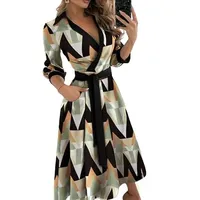 LIUYUYOUGO Damen Kleid,Damen Shirtkleid Sexy V-Ausschnitt Wickelkleid Lässig Lange Ärmel Elegante Geometrie Fließendes Maxikleid Elegantes Kleid Mit Tasche Sommerkleid Rockabilly Cocktailpartykle - XXL