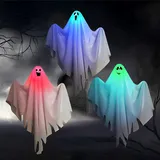 3 Stück Halloween Hängende Geister, Halloween Deko Hängender Geist mit LED, Hängender Leuchtende Geist, Gruseliger Fliegender Leuchtenden Geist, für drinnen und draußen/Garten/Balkon/Spukhaus