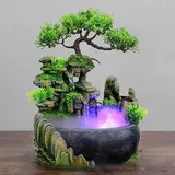 MEHOOSPVN Zimmerbrunnen, Tischbrunnen Wasserfall, chinesischer Fengshui-LED, Brunnen Polyresin Springbrunnen für Gelegenheiten Schlafzimmer Wohnzimmer Studie, Garten Brunnen Pflanze 20 x15 x 28 cm