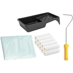 varivendo Lackier Set mit 10 Schaumwalzen 10cm superfein gerade 1 Farbroller Bügel 1 Farbwanne 1 Abdeckfolie Maler Set für Lackieren Renovieren