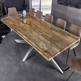 Massivholz Esstisch BARRACUDA 220cm Teakholz silber Edelstahl verchromt Glas