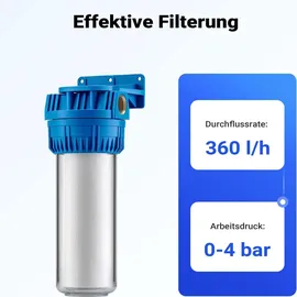 Naturewater NW-BR10A 1 Stufen Wasserfilter, 5 μ, 26,16 mm (3/4") Filtereinsatz, Ø60 mm PP Kartusche, Filter Wandhalterung, Filterschlüssel, Sedimentfilter