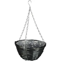 Relaxdays Blumenampel, 3er Set, Weide Korbgeflecht, handgefertigt, Folie, Eisenkette, Hängetopf HxD 13 x 25 cm, schwarz