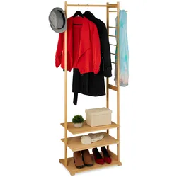 Relaxdays Kleiderständer Bambus, HBT: 177,5x81x38 cm, Kleiderstange mit 3 Ablagen, 3 Haken, Garderobe freistehend, natur