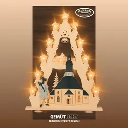 LED Lichterbogen WEIGLA "Seiffener Kirche, große Lichterspitze aus Holz", bunt (natur, braun, grau, schwarz), B:52cm H:67cm T:6cm, Holz, Schwibbögen, Erzgebirge garantiert, Weihnachtsdeko Innen, Weihnachtsbeleuchtung
