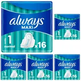 Always Maxi Binden Damen Gr. 1, Normal (16 Damenbinden mit Flügeln) weich und super saugfähig, geruchsneutralisierend und Auslaufschutz (Packung mit 5)