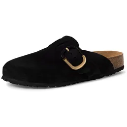 Clog TAMARIS, Damen, Gr. 41, schwarz, Veloursleder, unifarben, klassisch, Schuhe, Hausschuh, Schupfschuh, Bequemschuh mit verstellbarer Schnalle