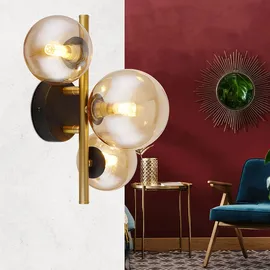 GLOBO Deckenleuchte Wohnraum Deckenlampe Design schwarz messing Kugellampe Glas LED Wandleuchte Innen, Glaskugel amber, 3 flammig G9, 3x 3,5W 3x350 lm, 3000K, LxBxH 28x21x19 cm