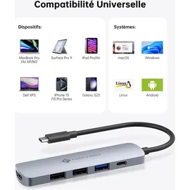 NOVOO 5-in-1 USB-C-Hub, Adapter USB C auf HDMI 4K, Aufladen 100 W PD, USB-C auf USB x 3, USB C Adapter Multiport, kompatibel mit MacBook Air MacBook Pro Chromebook