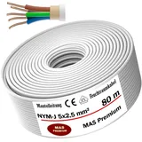 MAS Premium Feuchtraumkabel Stromkabel 5-170m Mantelleitung NYM-J 5x1,5, 2,5, 4, 6, 10 oder 16 Elektrokabel Ring für feste Verlegung (NYM-J 5x2,5 mm2, 80m)