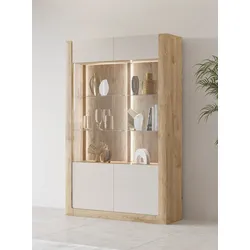 Vitrine LEONIQUE "Kasai", beige (eiche harbor gold, kashmir), B:128,5cm H:200cm T:41cm, FSC-zertifizierter Holzwerkstoff, Melamin, MDF, Glas, Schränke
