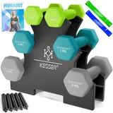 Kesser KESSER® Hantel-Set, 3 Paar, 1kg - 5kg, 12kg oder 18kg kurzhanteln mit Ständer Aufbewahrung, Fitnessstudio, Krafttraining, Hantelset rutschfeste Neopren, Mit Übungsheft, 2x Fitnessbänder