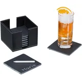 Relaxdays Schiefer 8er Set, Kunstleder-Box, Getränkeuntersetzer, 10x10 cm, Untersetzer für Gläser, anthrazit
