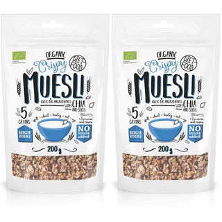 DIET-FOOD Bio Muesli Crunchy With Chia Frühstück Müsli mit Chiasamen Low Carb Non-GMO Snack ohne Zuckerzusatz 2er Pack