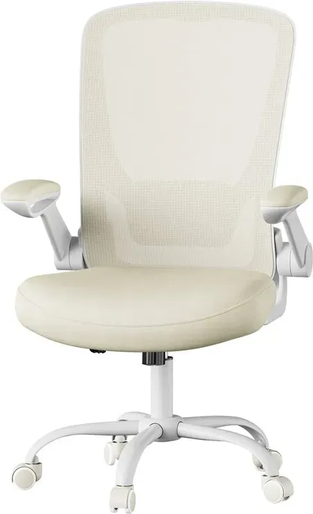 Ochama Bürostuhl ergonomisch, Drehstuhl mit Mesh, Lenden- und Kopfstütze, Wippfunktion, 53 cm große Sitzfläche, klappbare Armlehnen, Arbeitszimmer, beige