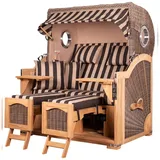 Mr. Deko bene,iving Strandkorb Komplettset Ammersee Grande XL Teak Bullauge PE grau Modell 581 inkl. Liftersystem Schutzhülle Doppelrollen Glasbecherhalter