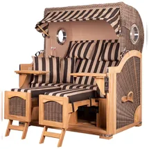 Mr. Deko bene,iving Strandkorb Komplettset Ammersee Grande XL Teak Bullauge PE grau Modell 581 inkl. Liftersystem Schutzhülle Doppelrollen Glasbecherhalter