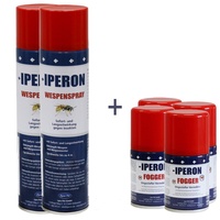 IPERON® 4 x 200 ml Fogger Ungeziefervernebler & 4 x 400 ml Wespenspray im Set + Zeckenhaken