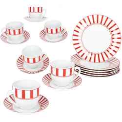 18tlg Kaffeeservice Split rot Porzellan 6 Pers. Tasse Untertasse Teller Streifen