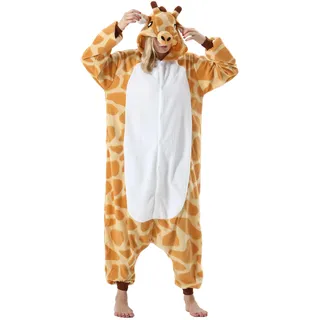 AKAAYUKO Damen Herren Karneval Kostüm Pyjama Weihnachten Tiere Onesie Halloween Jumpsuit Schlafanzug Faschingskostüme Overall Nachtwäsche Giraffe - XL