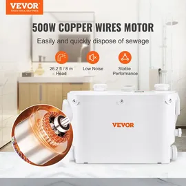 Vevor Hebeanlage 500W Fäkalienhebeanlage 8m Förderhöhe Abwasserpumpe 6600L/h Haushaltspumpe 2900U/min Schmutzwasserpumpe Eingebautes Rückschlagventil Wartungfrei WC Dusche Waschbecken