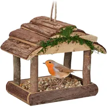 Relaxdays Vogelfutterhaus Holz, zum Aufhängen, HBT: 19 x 22 x 16,5 cm, Garten, Vogelfutterspender für Kleinvögel, natur