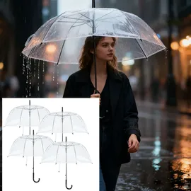 shop'n smile ideoon 4er-Set Transparenter Regenschirm mit Automatik, 85 cm Durchmesser, klarer Glockenschirm für Damen & Herren, robuster Stockschirm mit Einhand-Öffnung