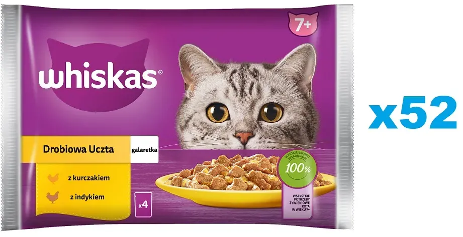 WHISKAS Senior 52x85g Geflügelschmaus Nassfutter für ältere Katzen in Gelee mit: Huhn, Truthahn