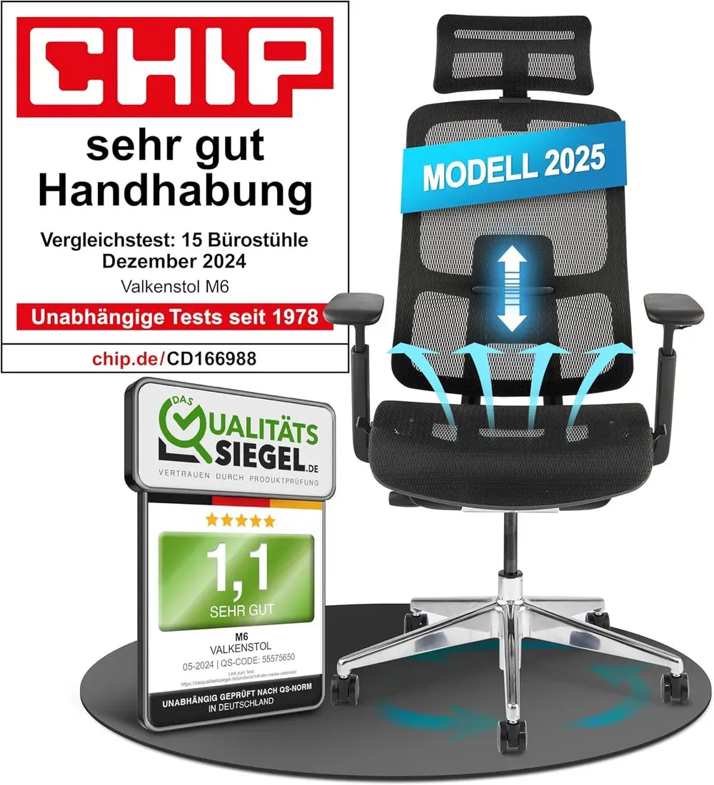 VALKENSTOL M6 - Premium Ergonomischer Bürostuhl bis 1,95 m - Mesh Sitz