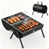 KEYO GRILL Tragbarer Camping Holzkohlegrill - Kleiner Outdoor BBQ Grill mit Doppel Grillfläche & Emaille-Pfanne, Multifunktionaler Smoker für Strand, Wohnwagen, Garten und Partys