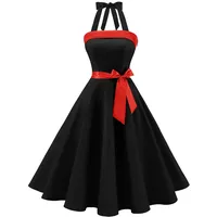 Timormode Damen Vintage Cocktailkleid Knielang Neckholder Swing Retro Rockabilly Kleid S Schwarz - S