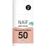 NAÏF - Mineralischer Sonnenschutzstick - für Baby & Kind - LSF 50-0% Parfüm - Stick ohne Mikroplastik, Mineralöle oder Silikone - UVA und UVB Schutz - Wasserresistent - Dermatologisch Getestet - 36g