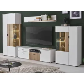 furn.design Wohnwand, Weiß, Eiche, Metall, Nachbildung,Eiche, Uni, Holz Optik, 9 Fächer, 1 Schubladen, einzeln stellbar,Rechteckig, 320x180x42 cm, FSC 100%, Wohnzimmer, Wohnwände, Wohnwand-Sets