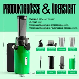 ventray Essential Ginnie Entsafter, Slow Juicer mit 60 U/min, 45mm Öffnung, Rückwärts Funktion und Zwei Filtergrößen, BPA Freie, 100 Watt, Leicht zu Reinigen – Kaltpress