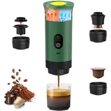 Bostar Tragbare Espressomaschine 3 in 1 mit Temperaturanzeige, Elektrische Kaffeemaschine Espresso Maker für Camping Reise, Kompatibel mit Klein/Groß Kapseln Gemahlen für Camping Reisen Metallic-Grün