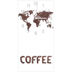 Wallario Wanduhr Weltkarte mit Schriftzug aus Kaffeebohnen (Glasuhr) weiß 30 cm x 60 cm