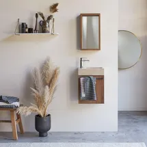 Tikamoon Hängendes Handwaschbecken Stelle aus Nussbaum und cremefarbenem Marmor