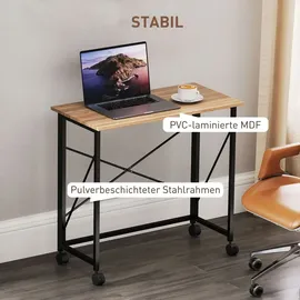 Homcom Schreibtisch Klappbar Kleiner 80 cm Klappschreibtisch mit Rollen Platzsparend Computertisch für Home Office, Eiche - Braun/Schwarz