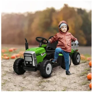 Homcom Elektrischer Traktor mit Anhänger, Kinder Aufsitztraktor MP3 Funktion, 3-6KM/H Grün