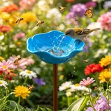 Vogeltränke Blume aus Metall, Vogeltränke Stehend Gartendeko Vogelbad Winterfest, Rostbeständig Blumen Gartenstecker Bienentränke Tränkstation, Wassertränke Insektentränke Garten Futterstation (Blau)