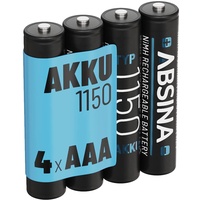 ABSINA AAA Akku 1150 NiMH 4er Pack - Akku AAA Micro mit 1,2V & min. 1050 mAh - AAA Akkus wiederaufladbar für Geräte mit hohem Stromverbrauch - Batterien AAA wiederaufladbar ideal für DECT Telefon
