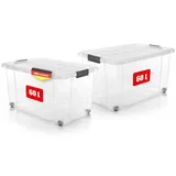 BigDean 2 Stück 60 L Aufbewahrungsbox mit Deckel groß transparent - stapelbare robuste Box BPA-frei - rollbare Stapelbox mit festen Klickverschlüssen - Made in Germany