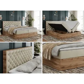 MKS Meble Boxspringbett, Deko, Doppelbett, Polsterbett mit Bettkästen und Multipocket-Matratze, Eiche Wotan holzrahmen - Albero-3 - 120x200cm - Beige Velvet... - Beige