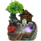 Donened Zimmerbrunnen mit LED Beleuchtung, 38 x 30 x 20cm Tischbrunnen Wasserfall mit Nebel & Spinnrad, Garten AquariumHarz Desktop Brunnen, Zimmerbrunnen