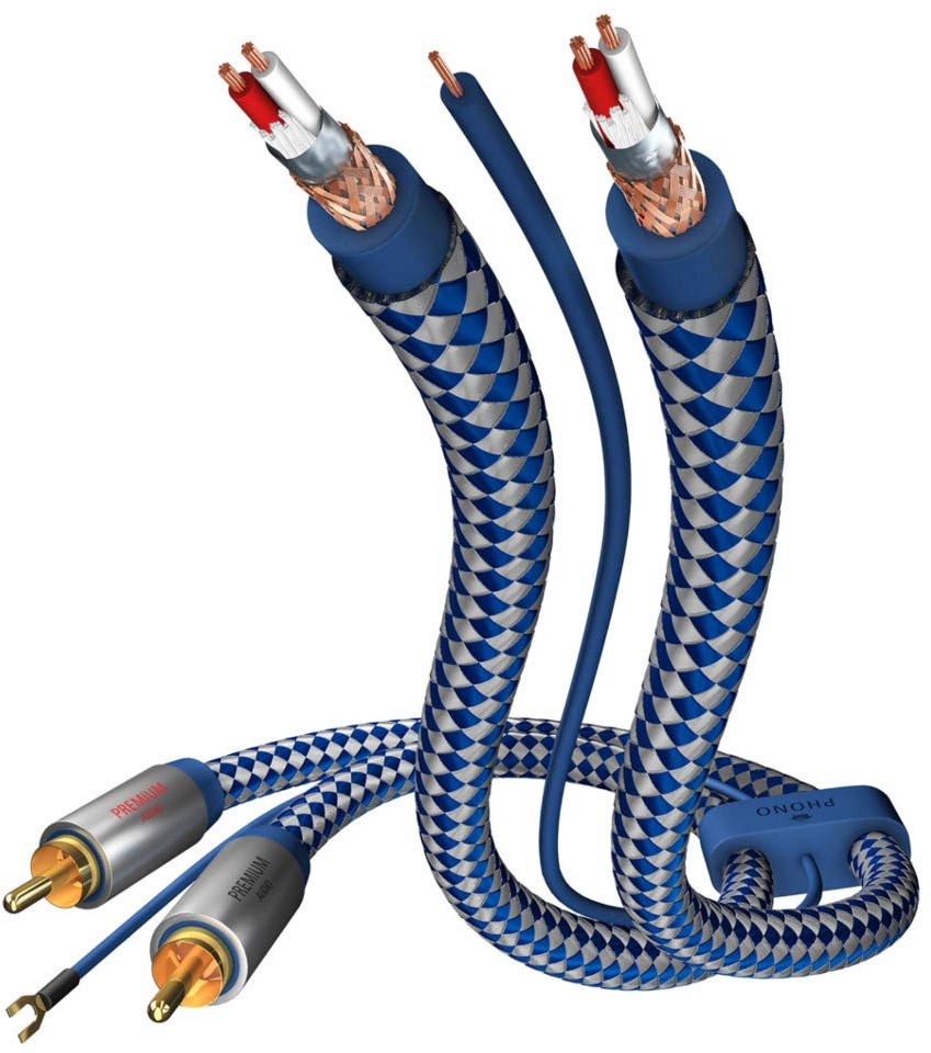 inakustik - 00405115 - Premium Phonokabel (Cinch, RCA) | Separate Masseleitung | 1,50m in Blau/Silber | 2-fache Abschirmung - Vollmetallstecker | Kabeldurchmesser: 6,0 mm - moderner Geflechtschirm