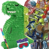 Pinata * GRÜNER DINO * als Spiel und Deko für Kindergeburtstag und Mottoparty | Größe: 11x34x44cm | Pinatas Dinos Dinosaurier Kinder Partydeko, Edition: Pinata mit Stock, Brille, Süßigkeiten